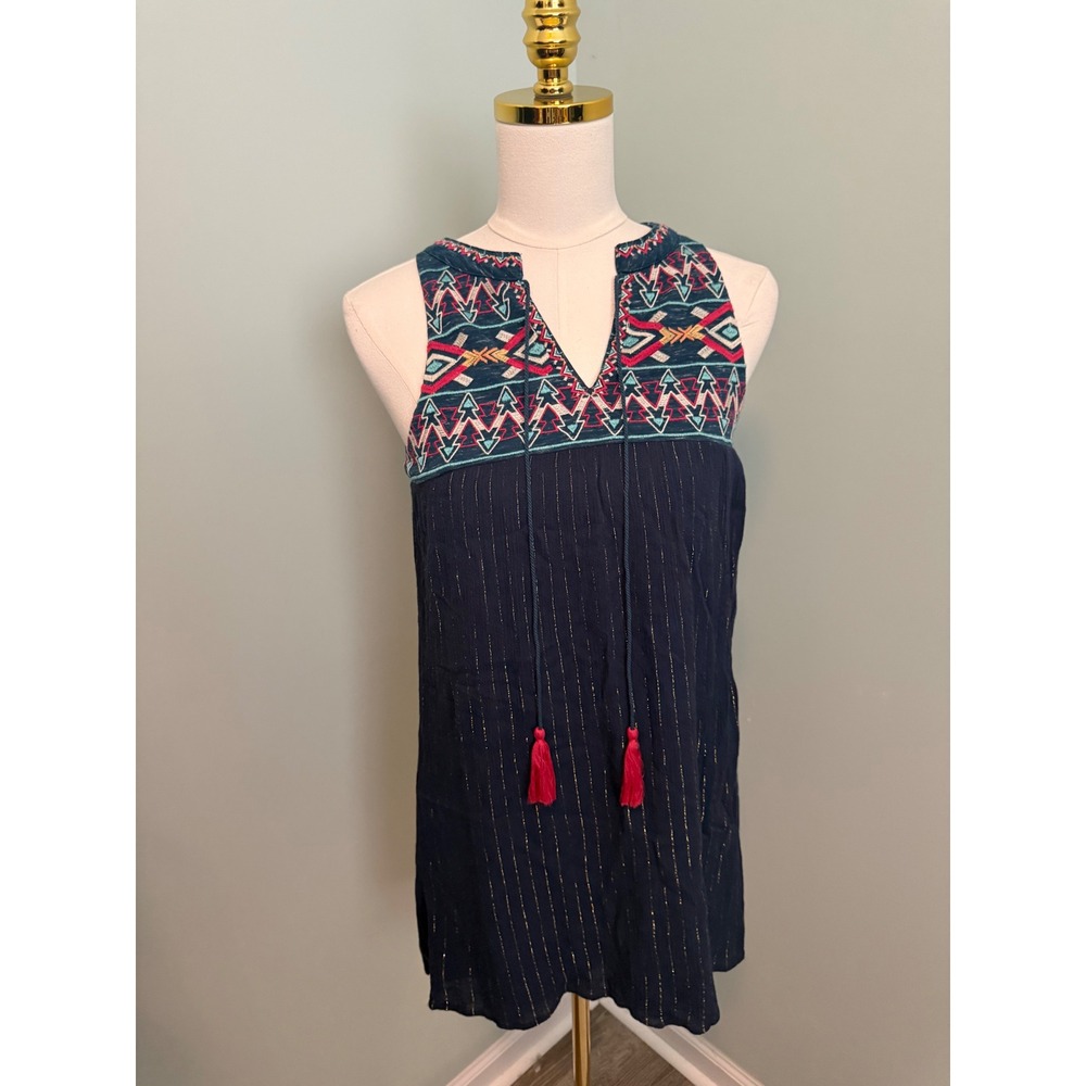 THML Navy Blue Embroidered Tassel Boho Shift Dress Gold Metallic Stripe XS
